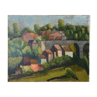 Table Landscape "Cubist Village" HST early 20th century School Cubism