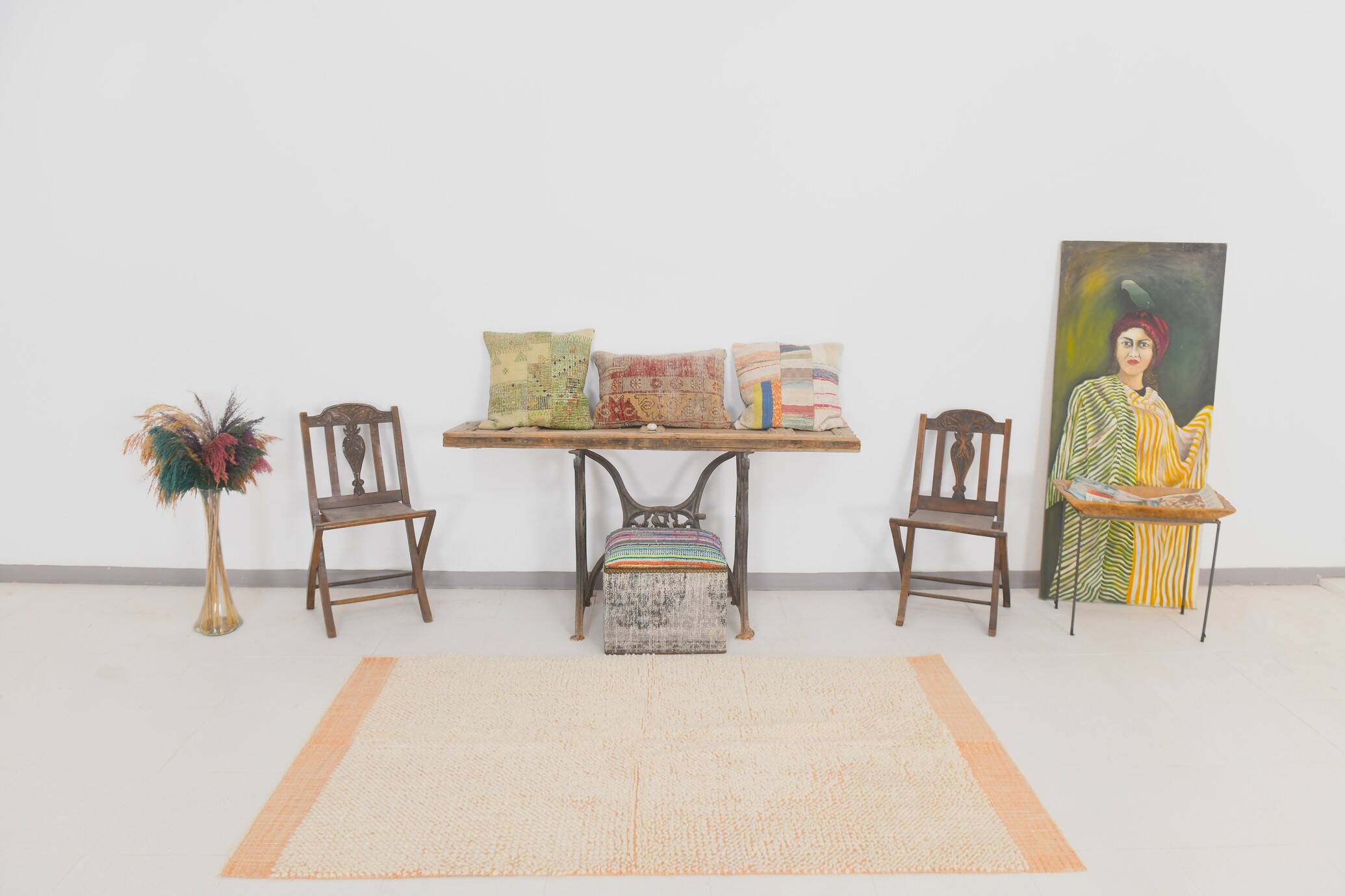 4x7 Salmon Beige Handmade Turkish Vintage Rug