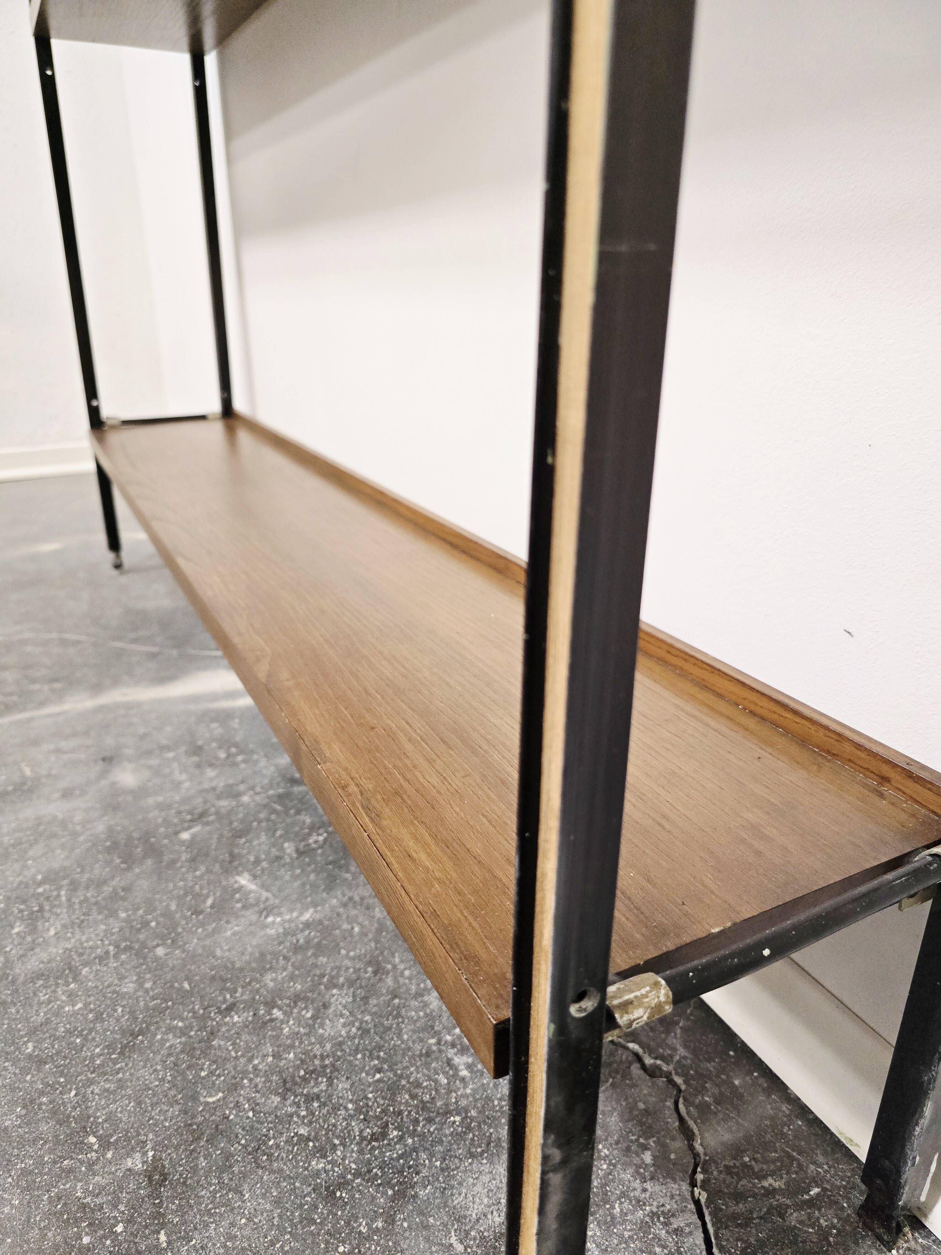 Vintage 1950s Mid-Century Modern Wall Shelving Unit – Hardwood & Alumi