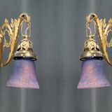 Pair of Rococo / Louis XV wall lights in gilded bronze, walnut bases and glass tulips, France, Circ