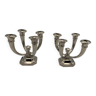 Art Deco French Nickeled Bronze Candlesticks by J. Leleu, 1930, Set of 2