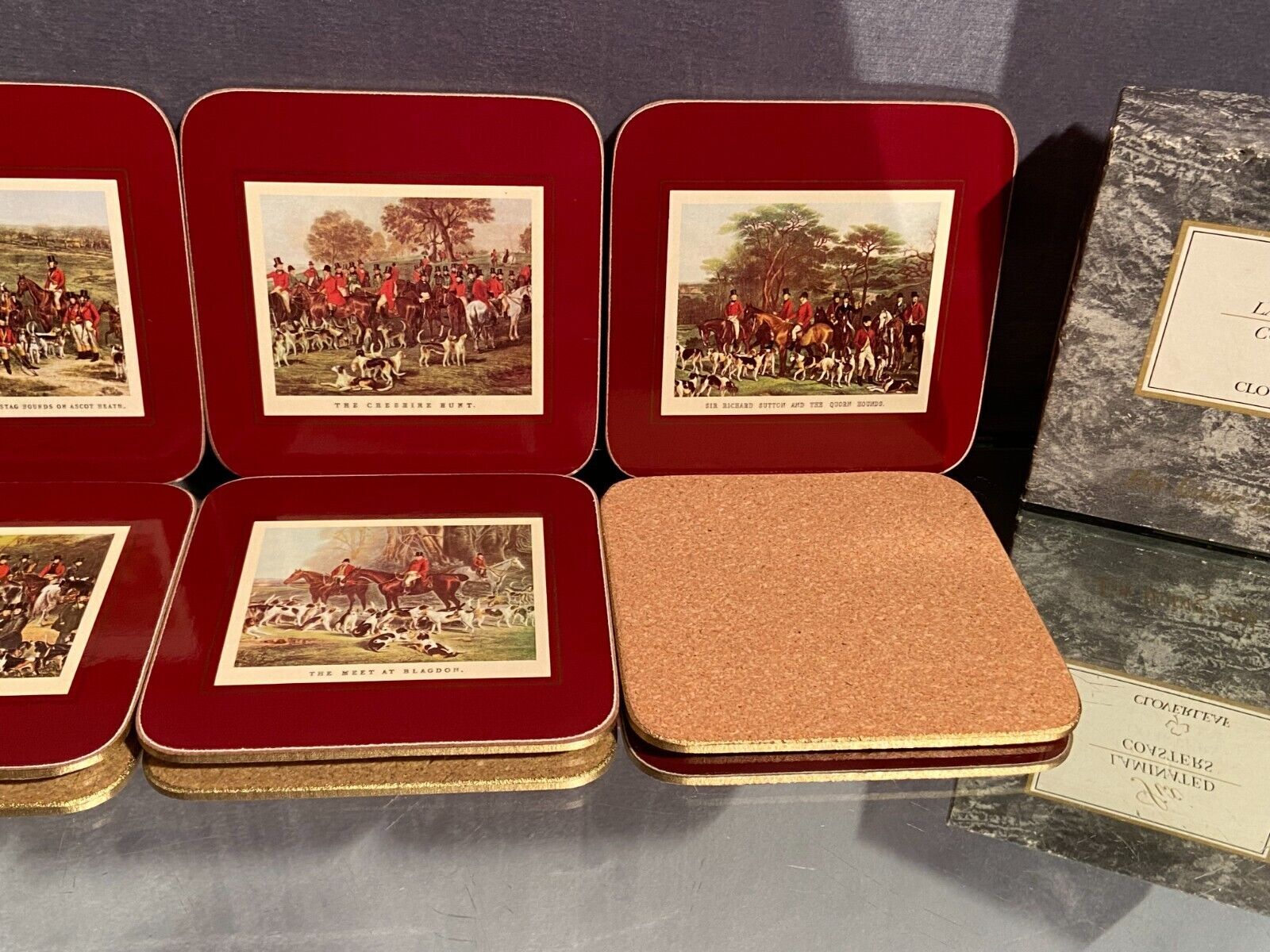 Suite de 6 dessous de verre en liège Clover Leaf décor scènes de chasse à courre