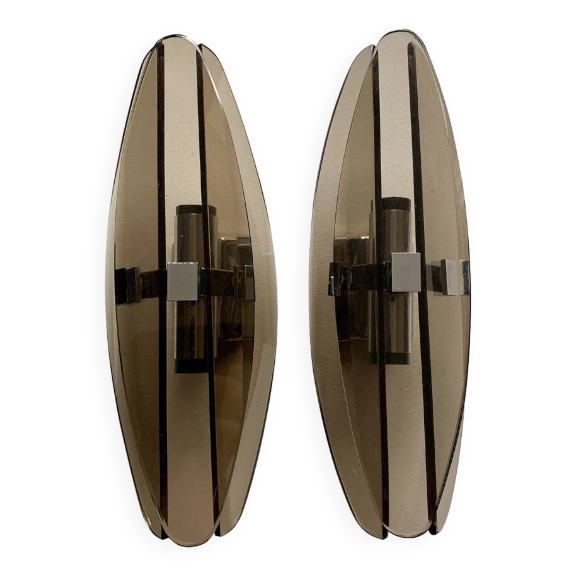 Pair of vintage wall lights 1970 smoked glass and chrome metal veca