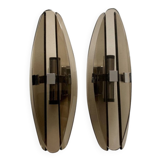 Pair of vintage wall lights 1970 smoked glass and chrome metal veca