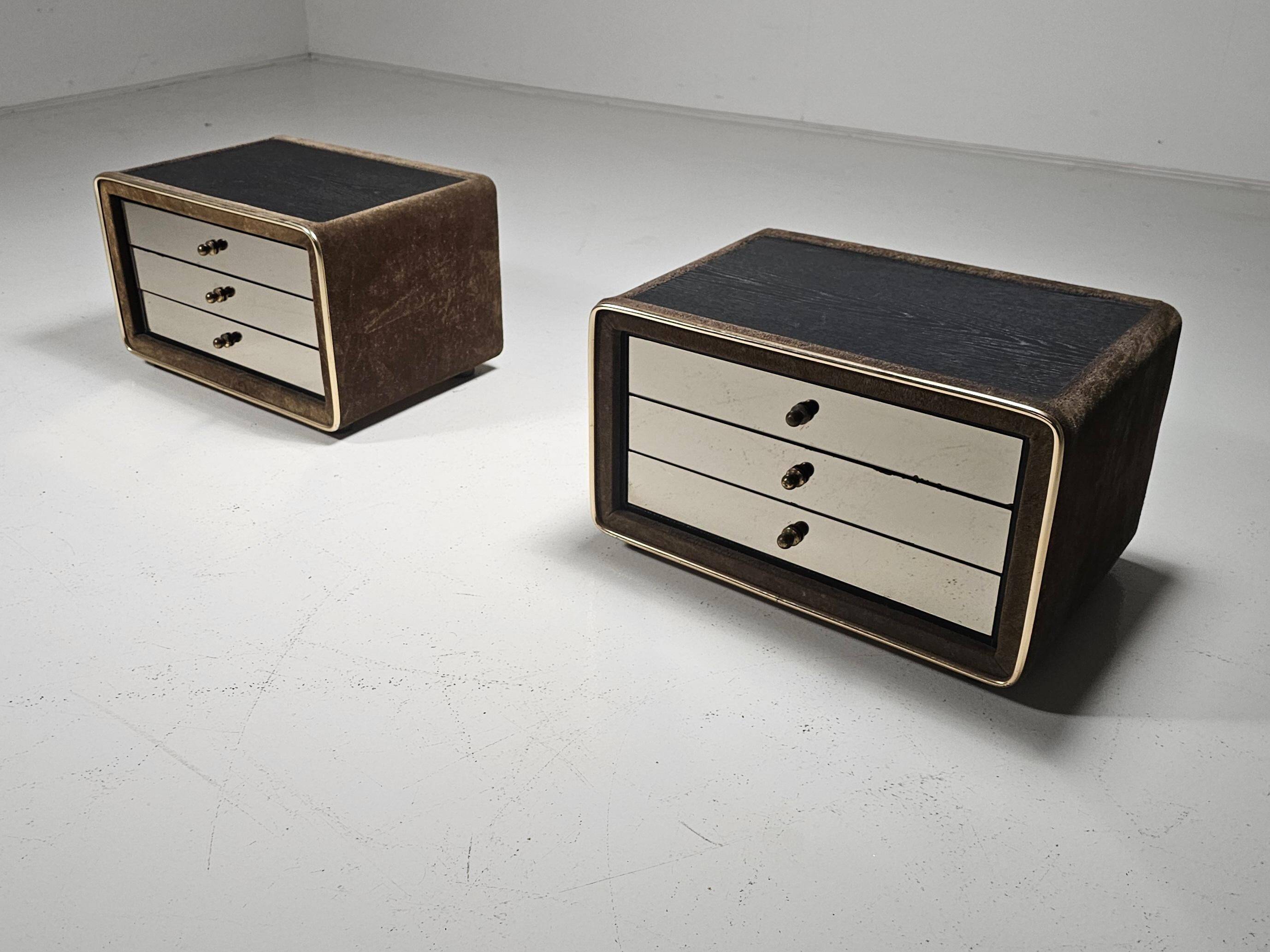 Pair of brass and suede bedside tables by RUF International, 1970.