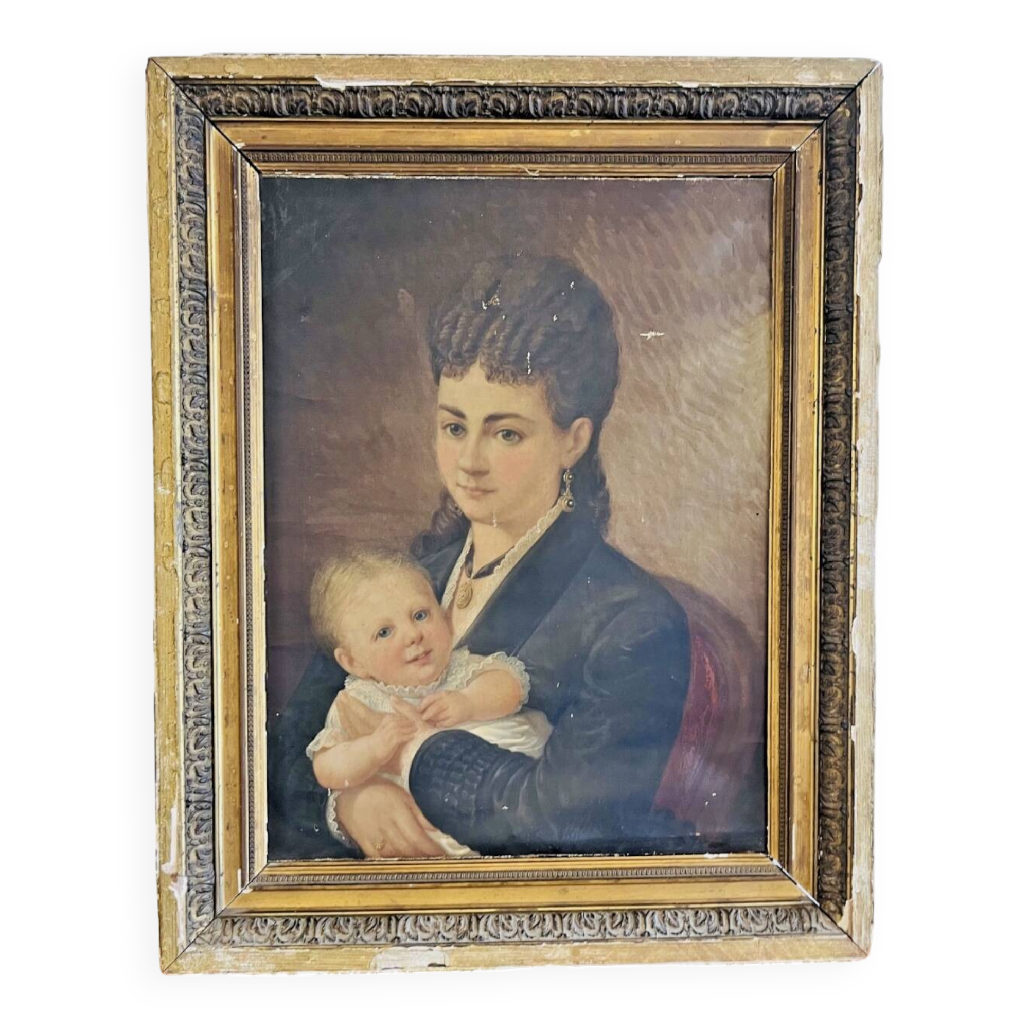 Oil painting on canvas – Portrait of a woman and child, 19th century