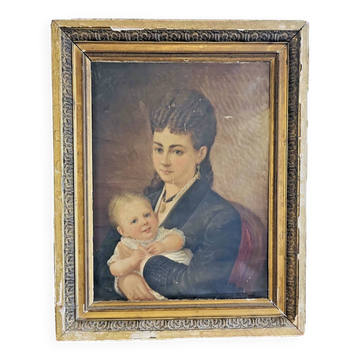 Peinture huile sur toile – Portrait femme et enfant XIXe