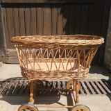 Doll cradle in vintage rattan ht total 52cm