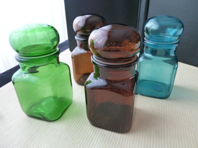 Set of 4 jars or bottles in colored glass Ariel 70s