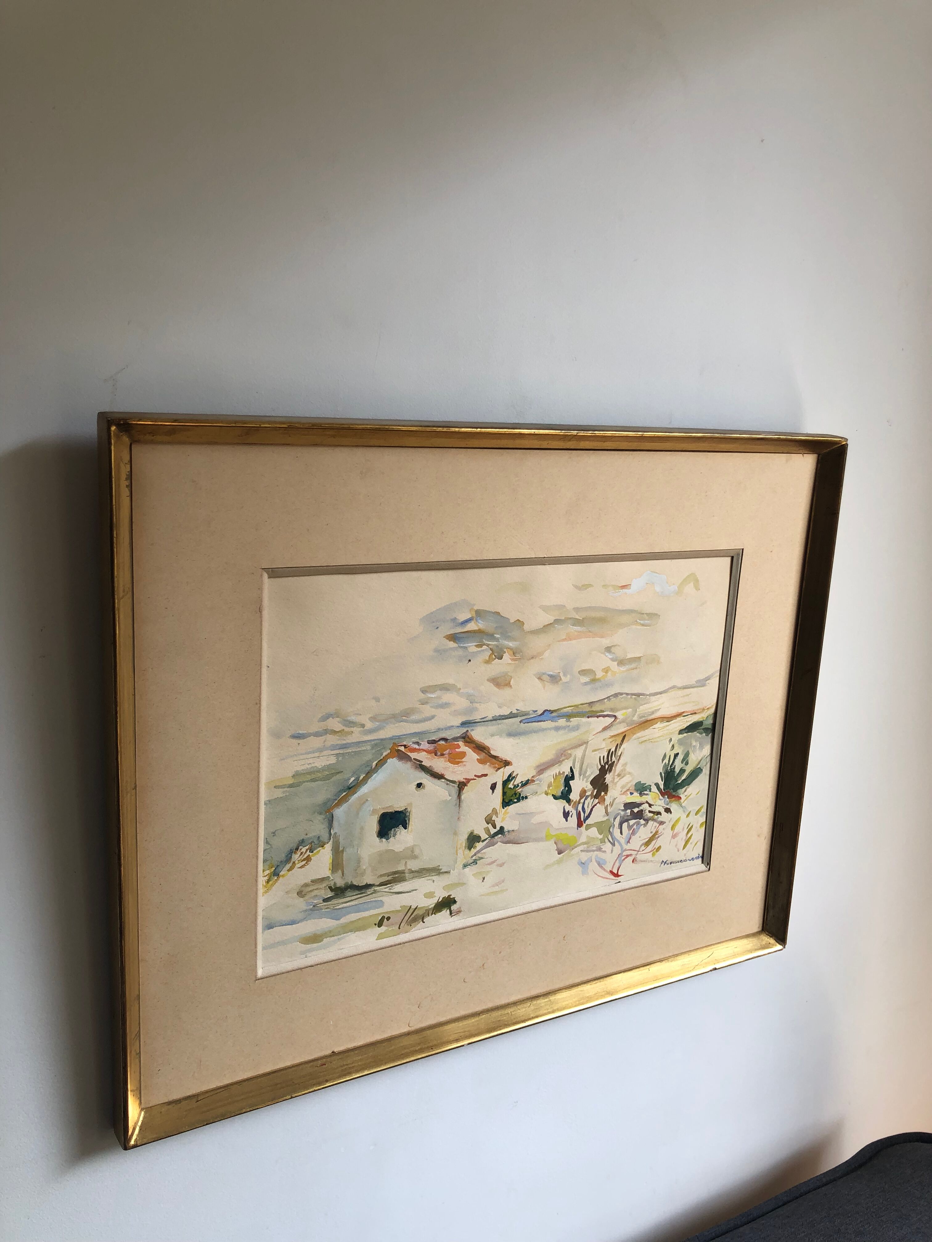 Framed watercolor seaside house