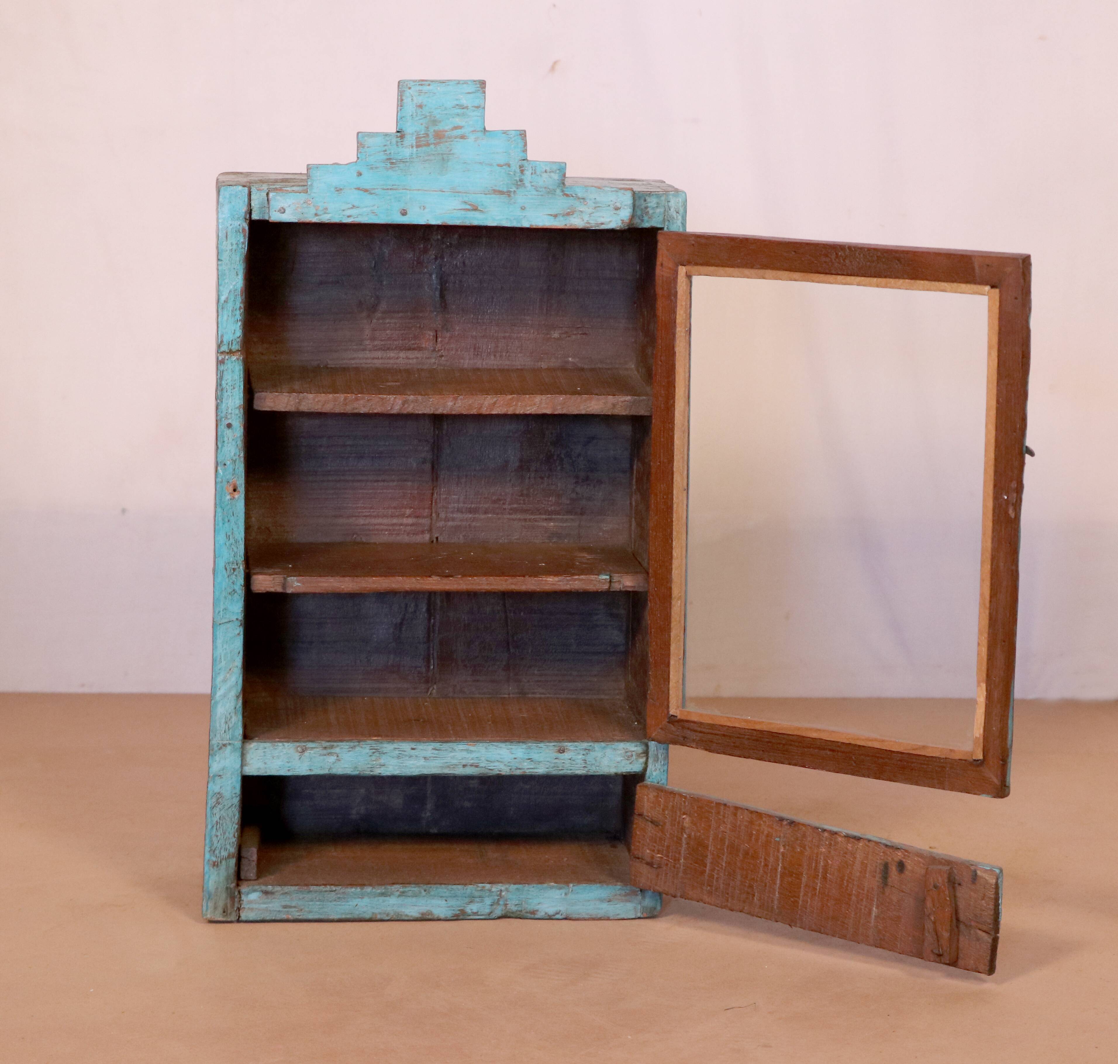 old Art Deco wall display case in original blue teak Burmese patina