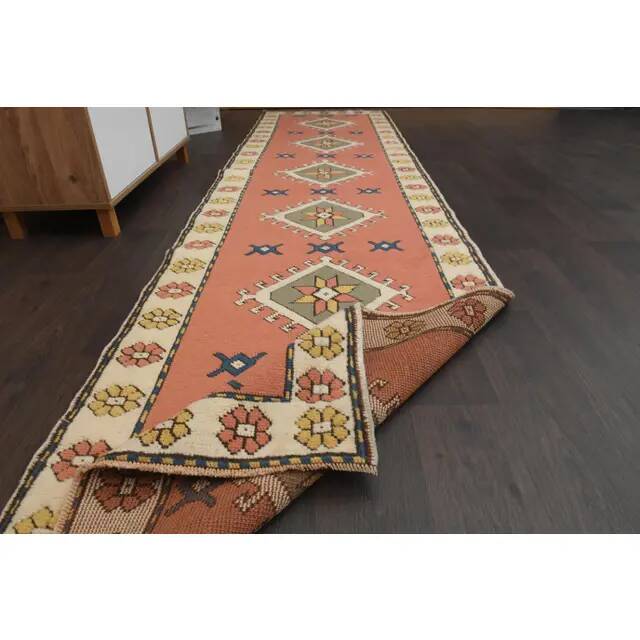 1970s Vintage Turkish Oushak Handmade Orange Runner Rug  91x361
