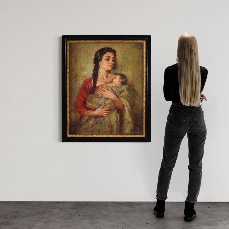 Peinture espagnole "Maternité" signée, 20e siècle