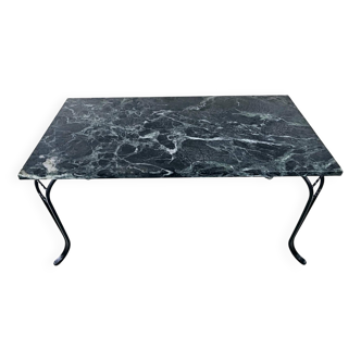 Coffee table, alpine green marble top and wrought iron legs, circa 1950