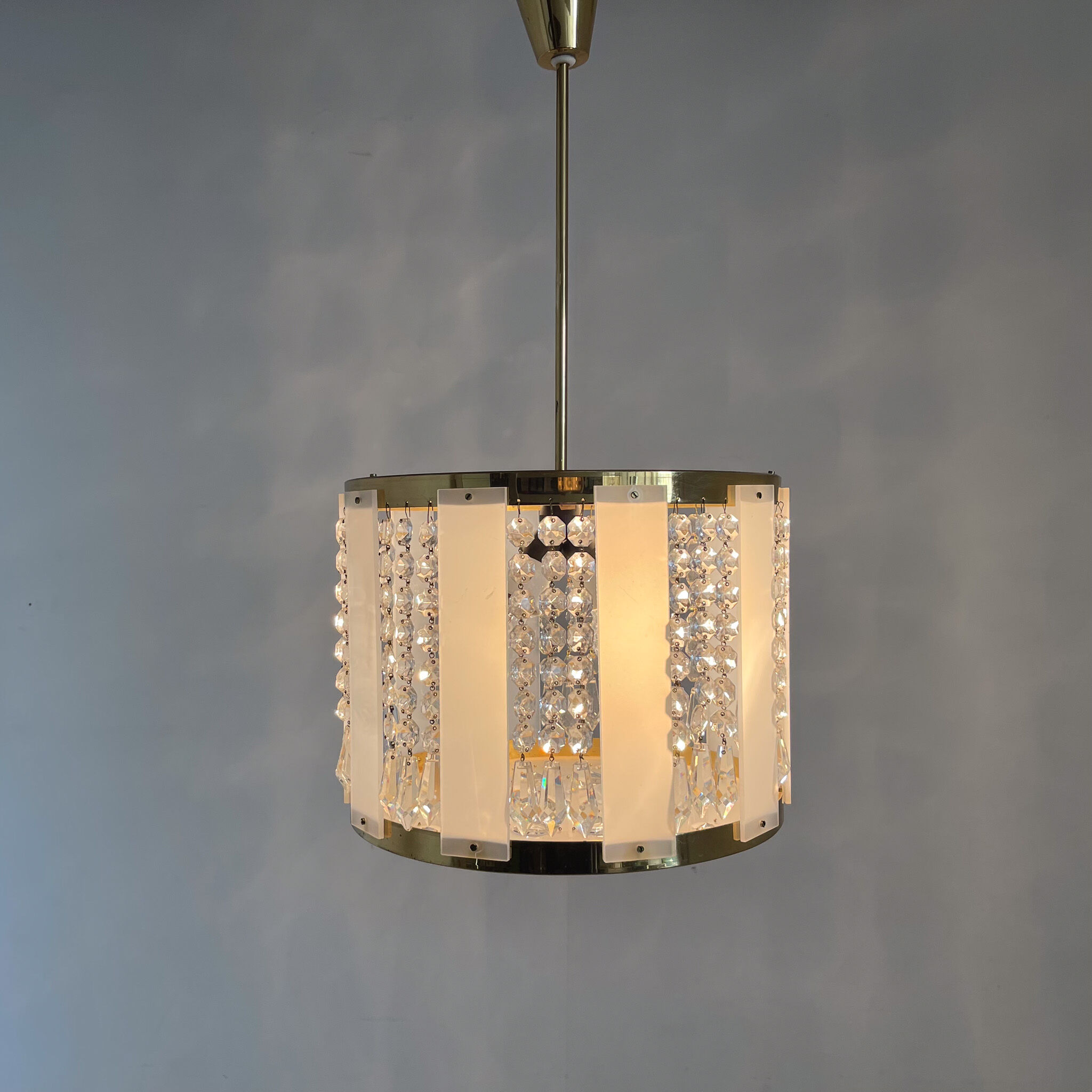 1970's Brass & Crystal Pendant Light by Novy Bydzov Glasswork, Czechoslovakia