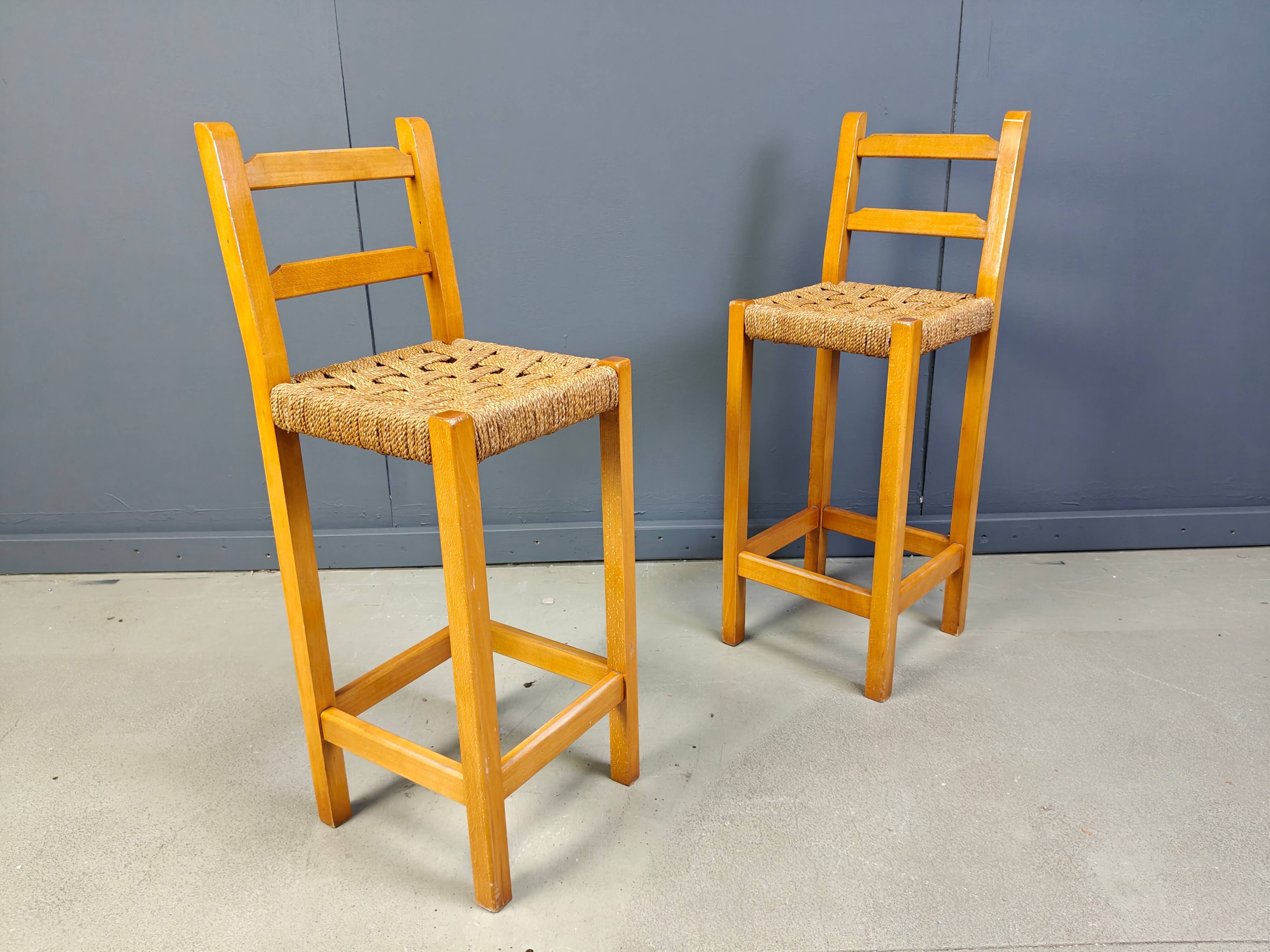 Vintage oak and papercord bar stools, 1960s - vintage bar stools