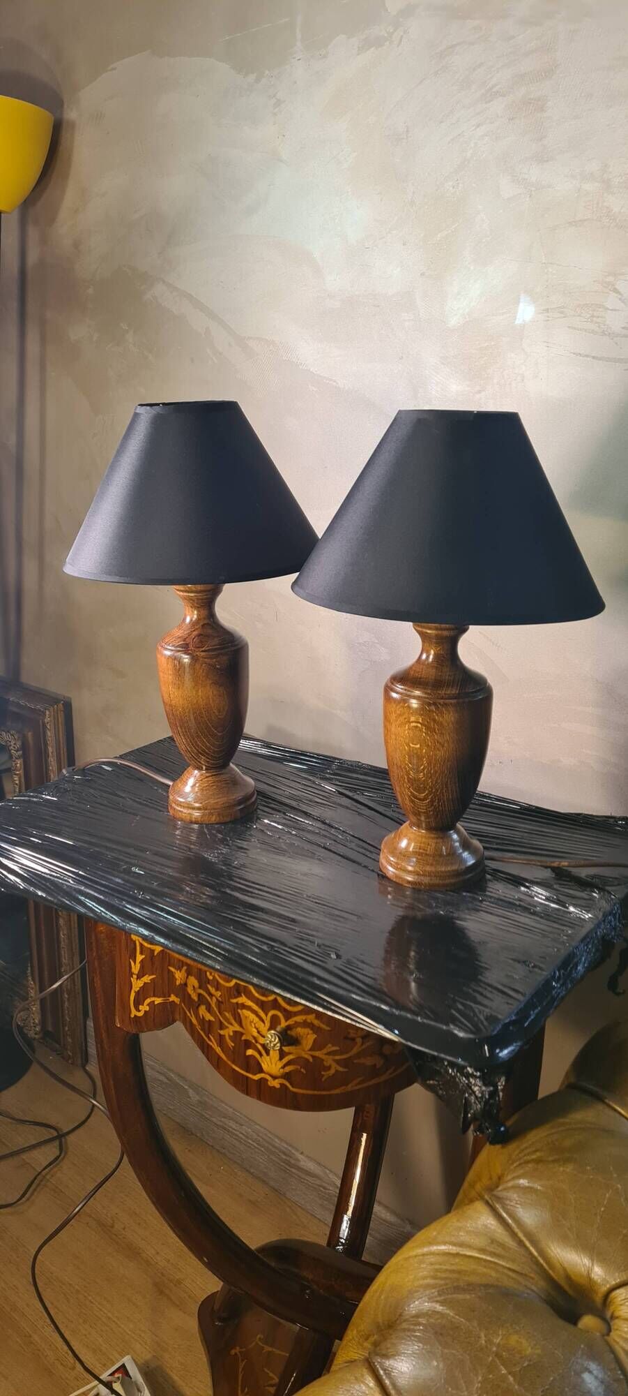 Pair of scandinavian design bedside lamps in turned wood elec ok 48x25