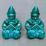 Pair of Art-Deco BookEnd Clowns drowsy in front of a book - glazed ceramics - 1930/1940