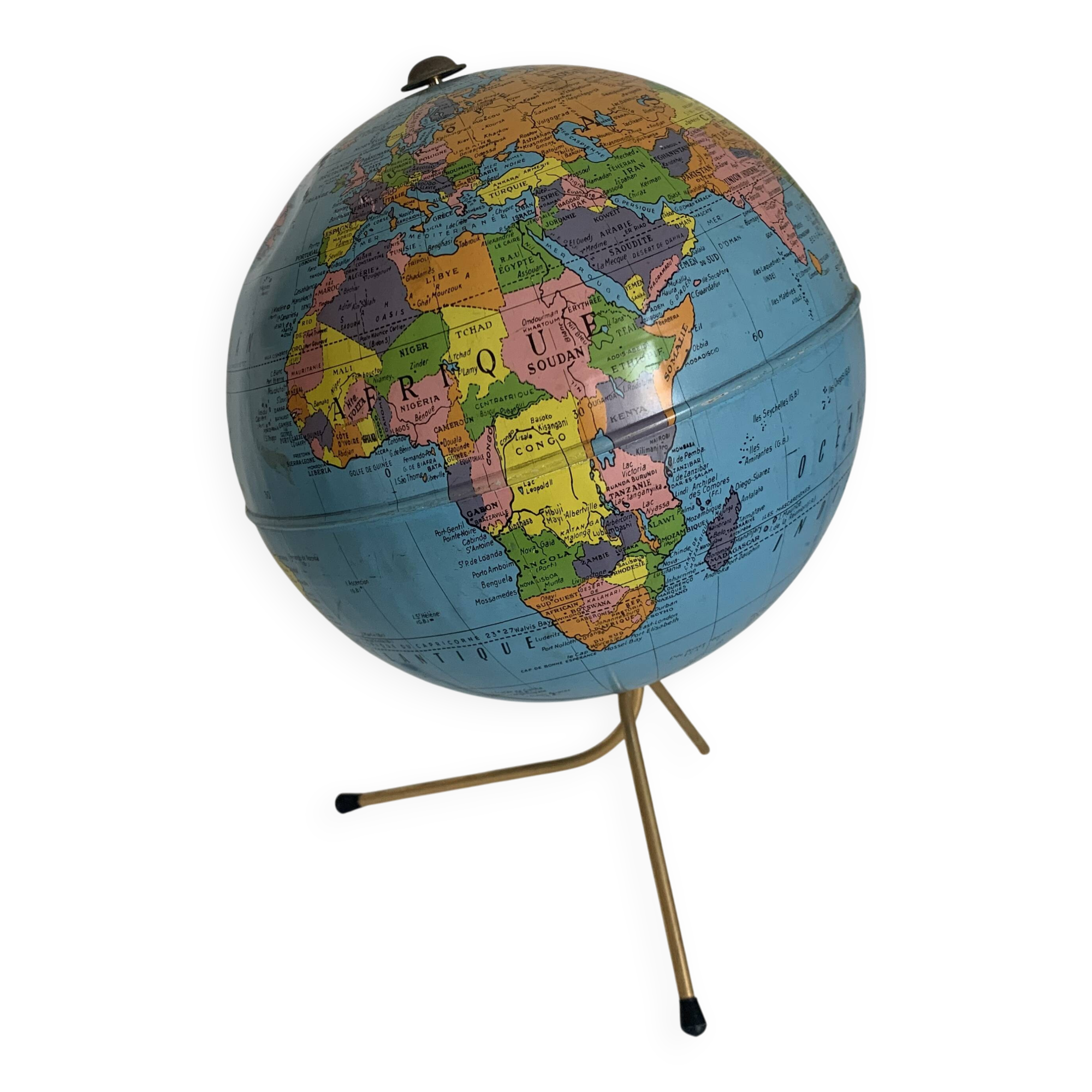 Vintage 1960s globe, Taride tripod, gold metal - 28 cm