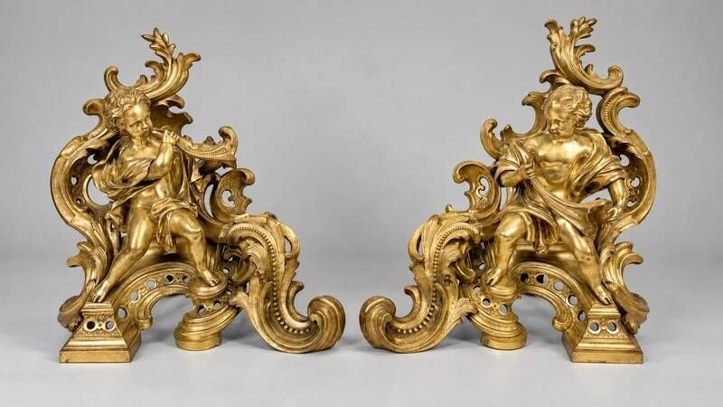 Pair of gilded bronze fire dogs Louis XV, musician putti