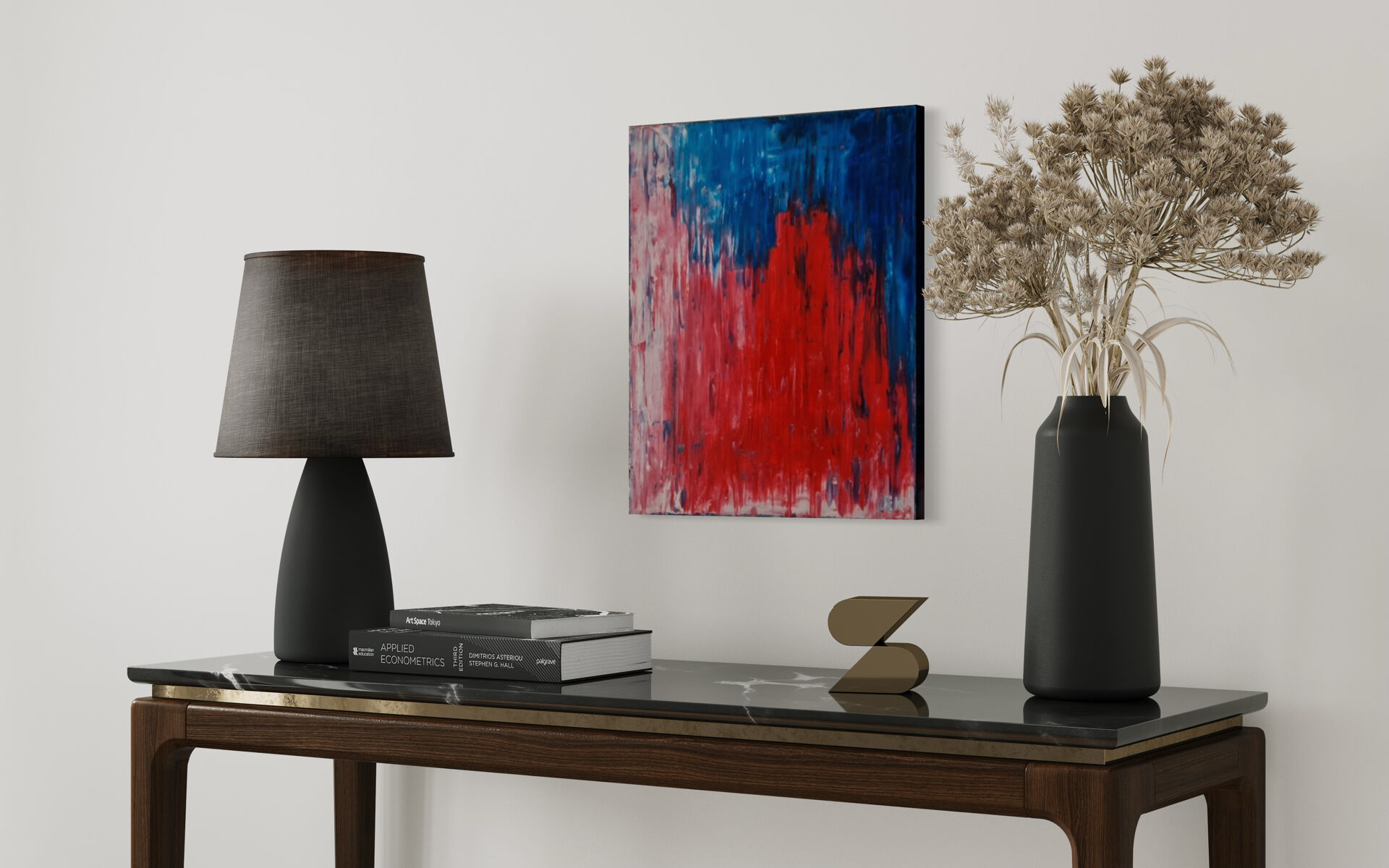 Abstract table red blue pink 46x38 cm painting signed