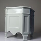 Square cache-pot with feet in celadon Limoges porcelain, Rococo style.