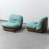 Pair of Saporiti armchairs in fabric and leather, 1970s vintage modernism
