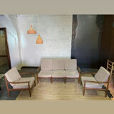 Vintage Scandinavian teak lounge — 3-seater sofa and two armchairs.