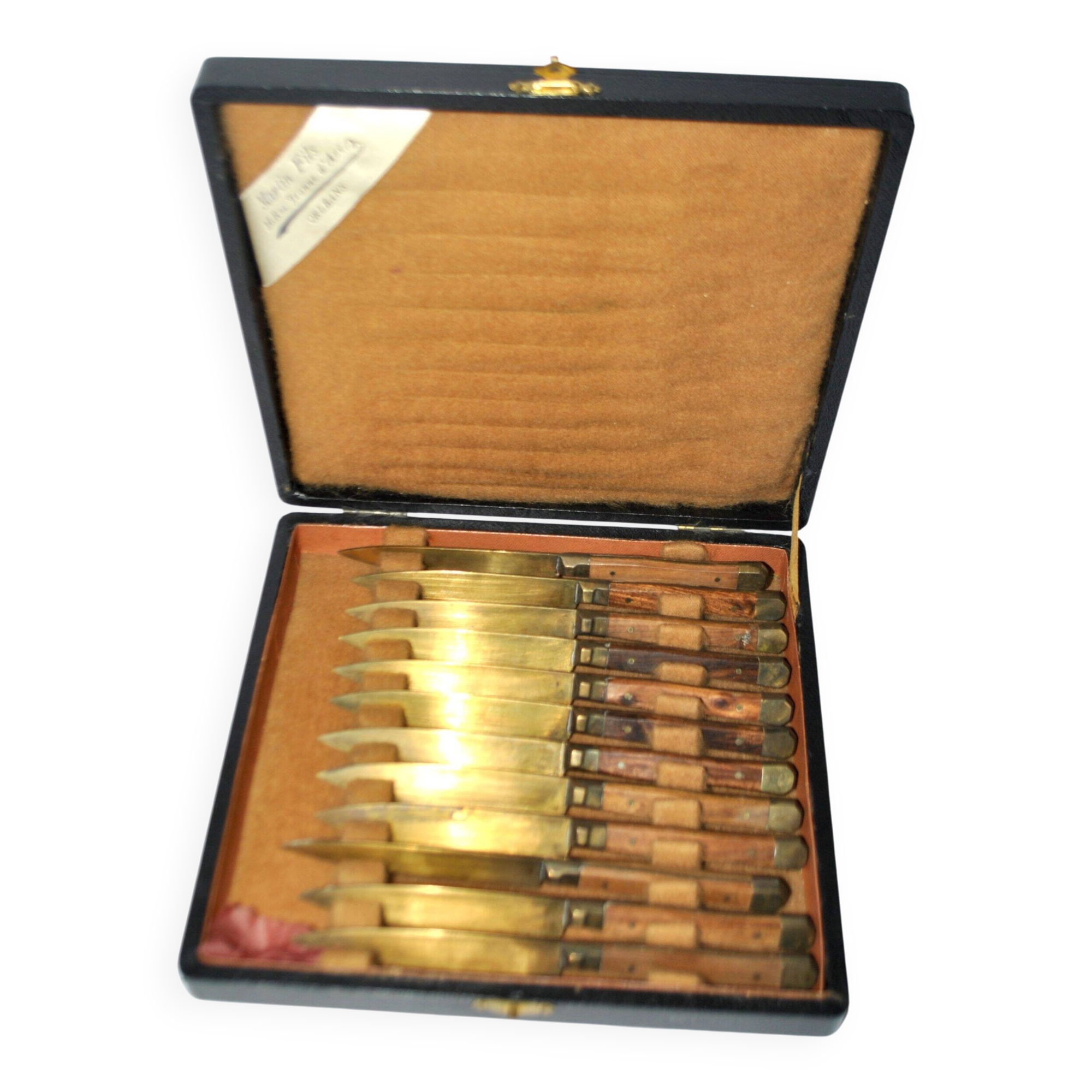 Set of 12 vintage gilded brass and wood cheese knives 1950 Coutelier Martin