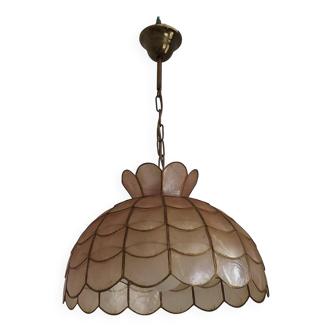 Vintage 1970s French Capiz Shell Light Peach Scalloped Design Gold Trim