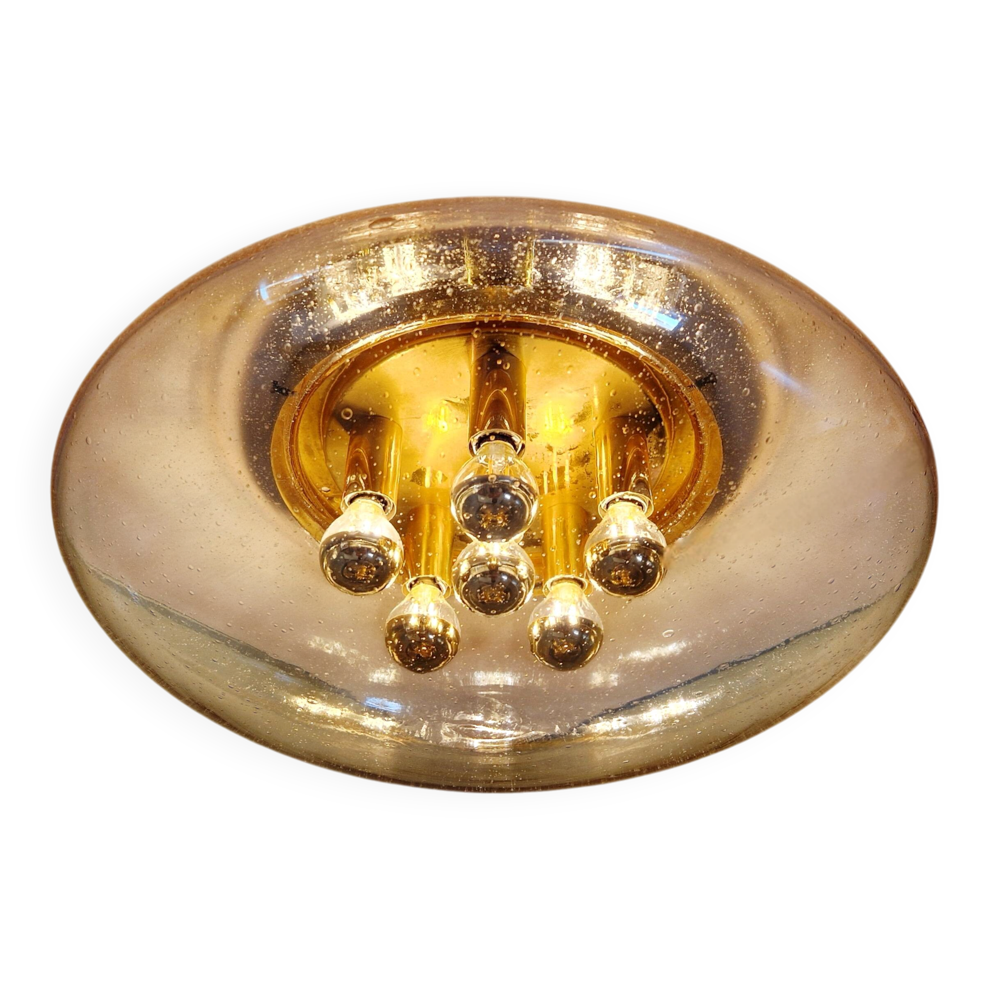 Large ceiling light in brass and blown bubble glass, Glasshütte Limburg, 1970.