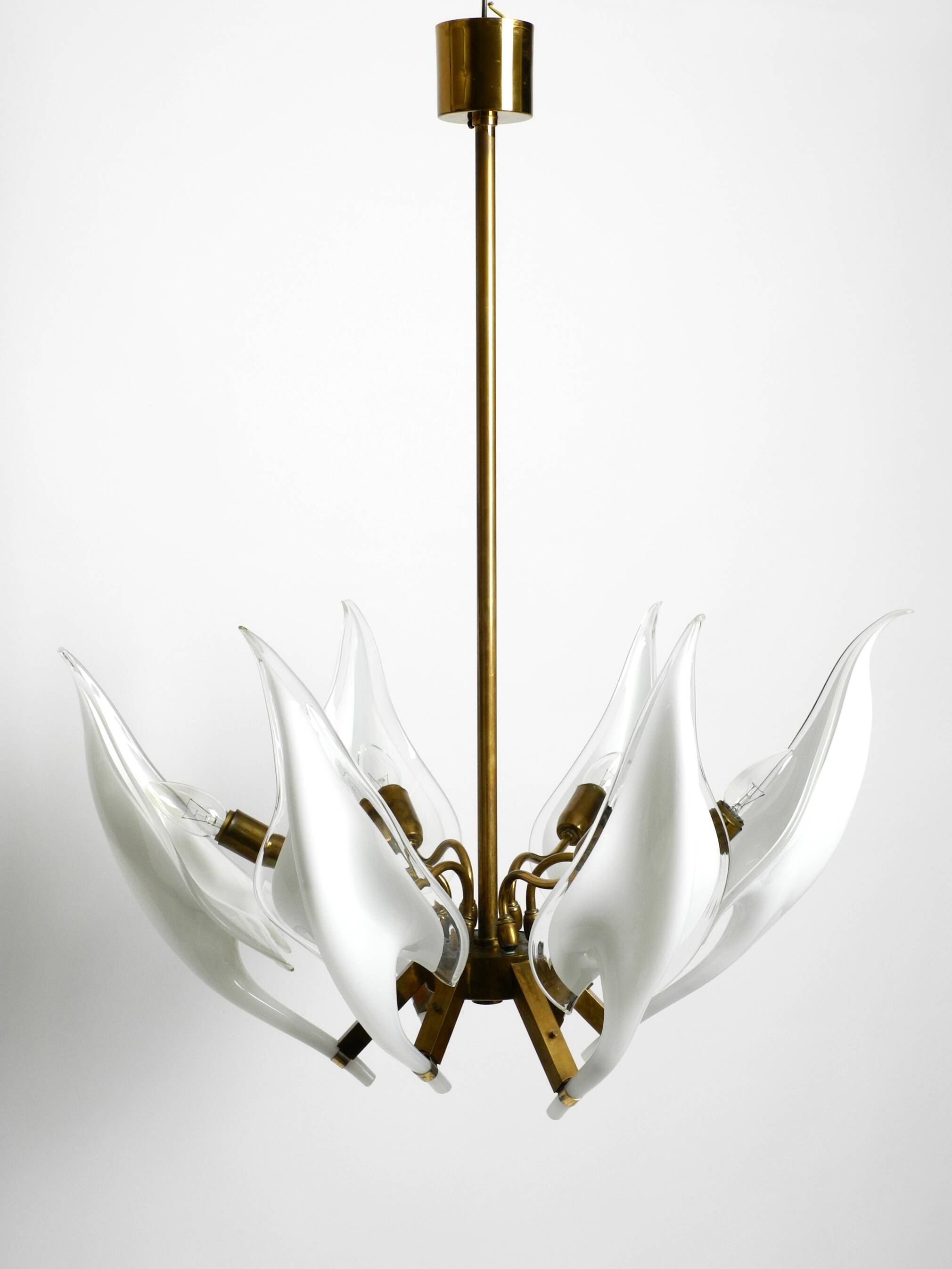 50s brass chandelier with white and transparent Murano glasses Franco Luce