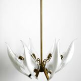 50s brass chandelier with white and transparent Murano glasses Franco Luce