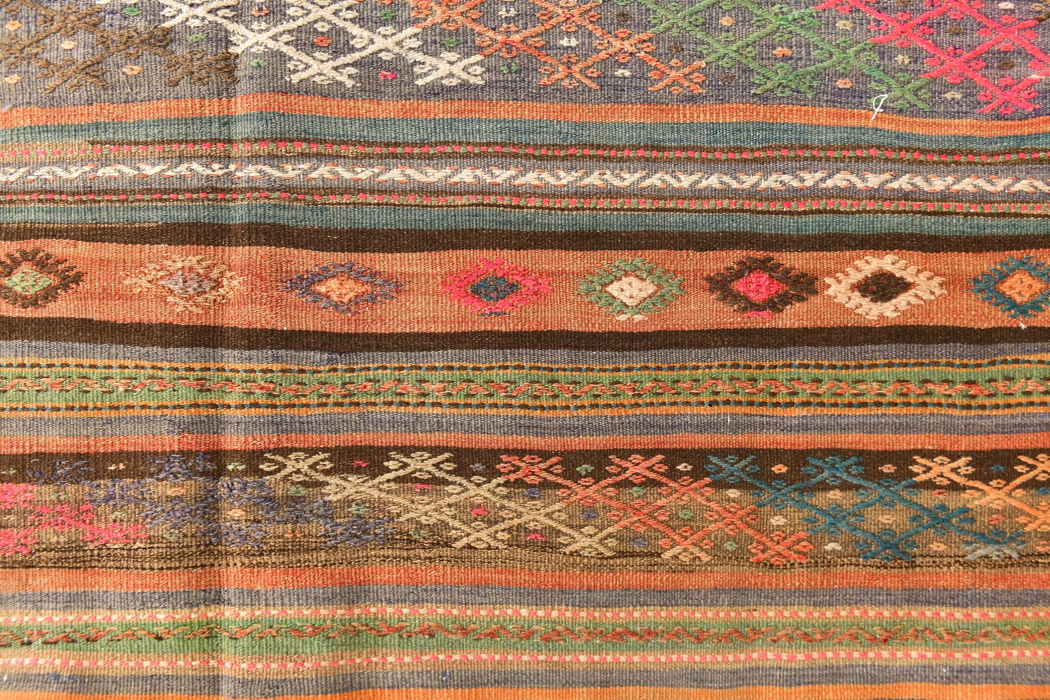 Red & Green Pinstriped Turkish Kilim Rug, 155x250Cm