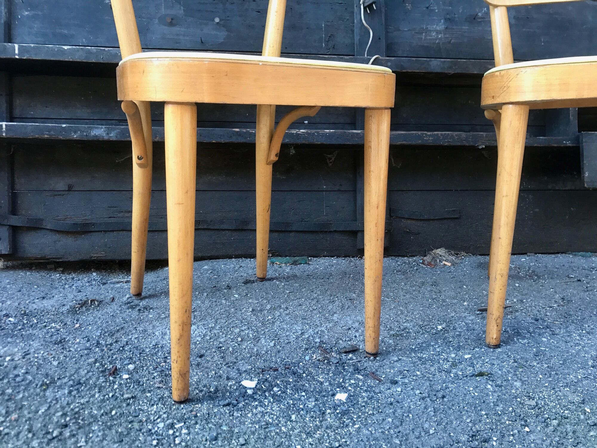 Paire de chaises Baumann en bois et skaÏ jaune vintage