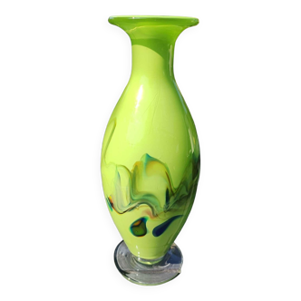 Vase Dalian Glass & Co./Snowflakes en verre d Art soufflé opaline style Murano. Volutes de fumée. Haut 23,5 cm