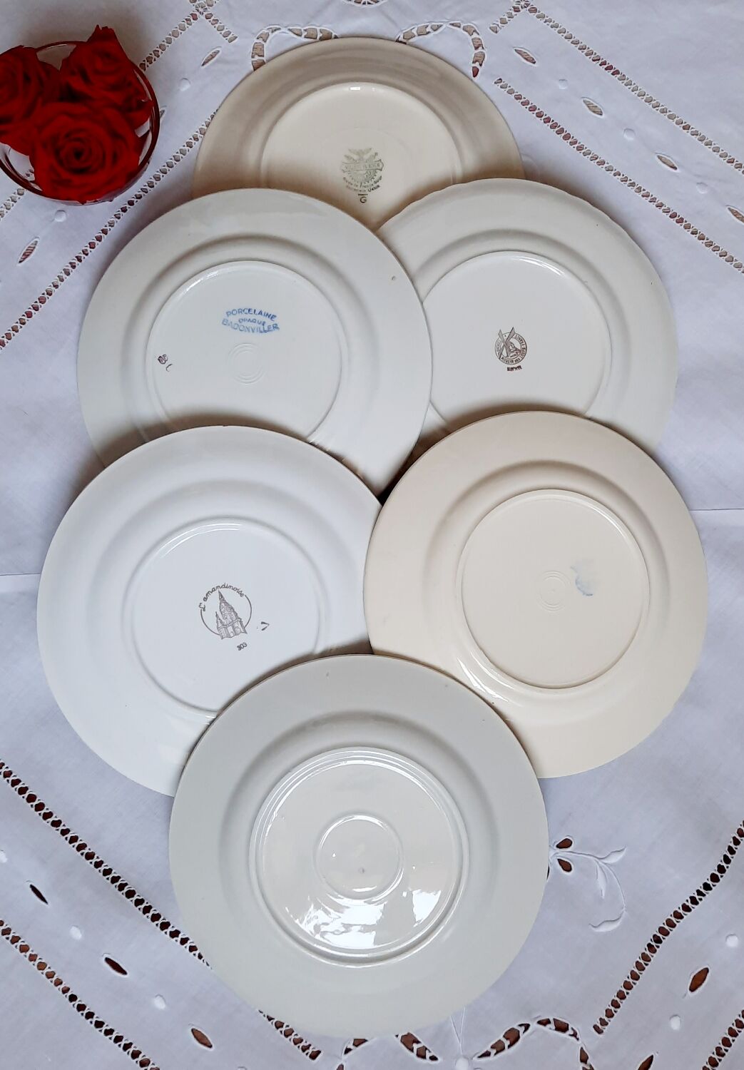 Antique dessert plates mismatched in earthenware with gilded edges