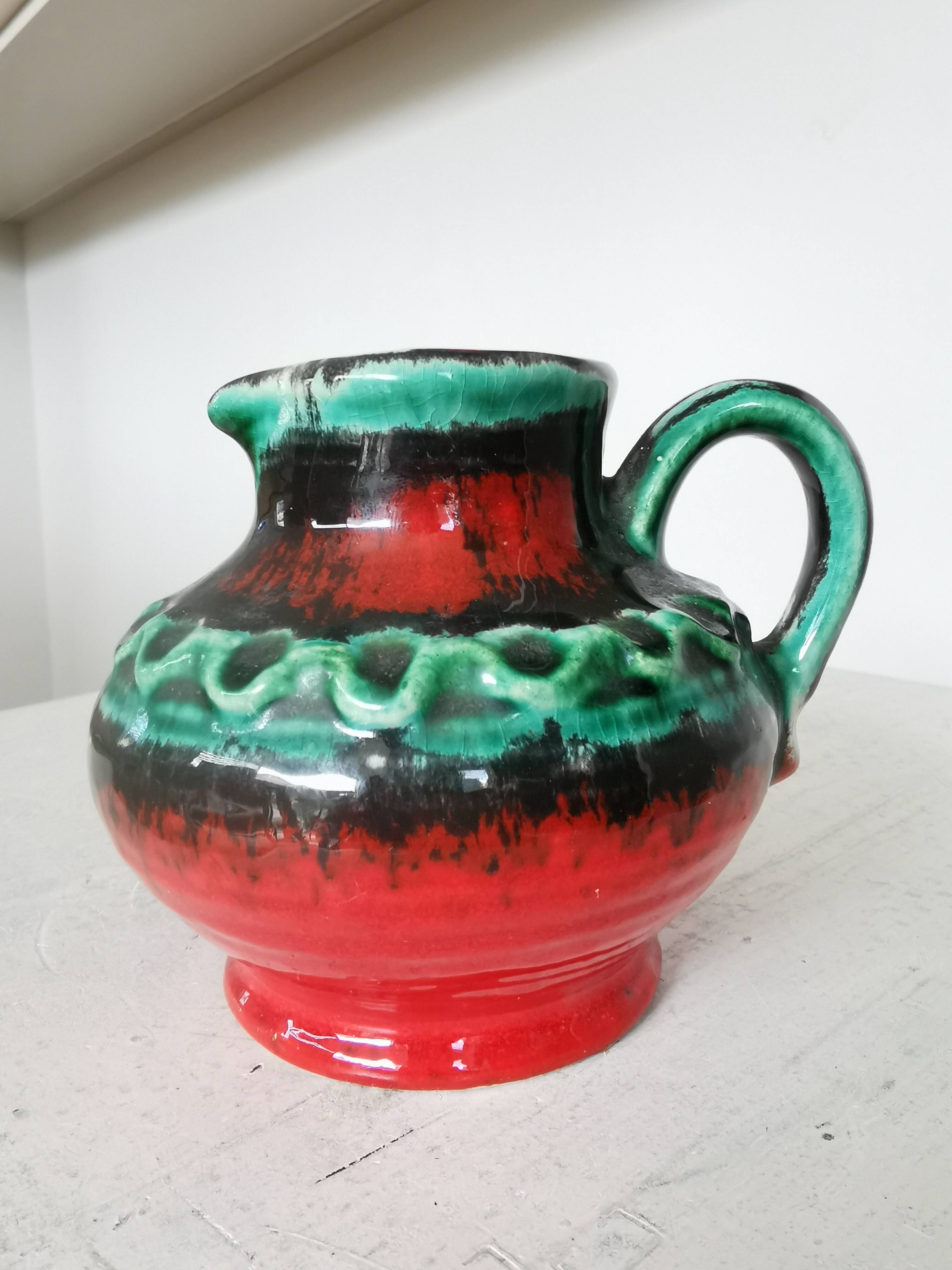 Fat Lava Pitcher Vase: Red Black Green Glaze, West German Pottery