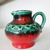 Fat Lava Pitcher Vase: Red Black Green Glaze, West German Pottery