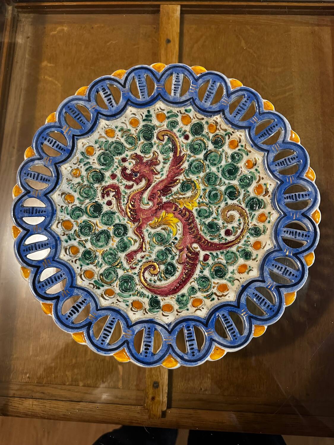Plate / Ashtray in Massé Frères Earthenware - Relief Decoration of Dragon and F