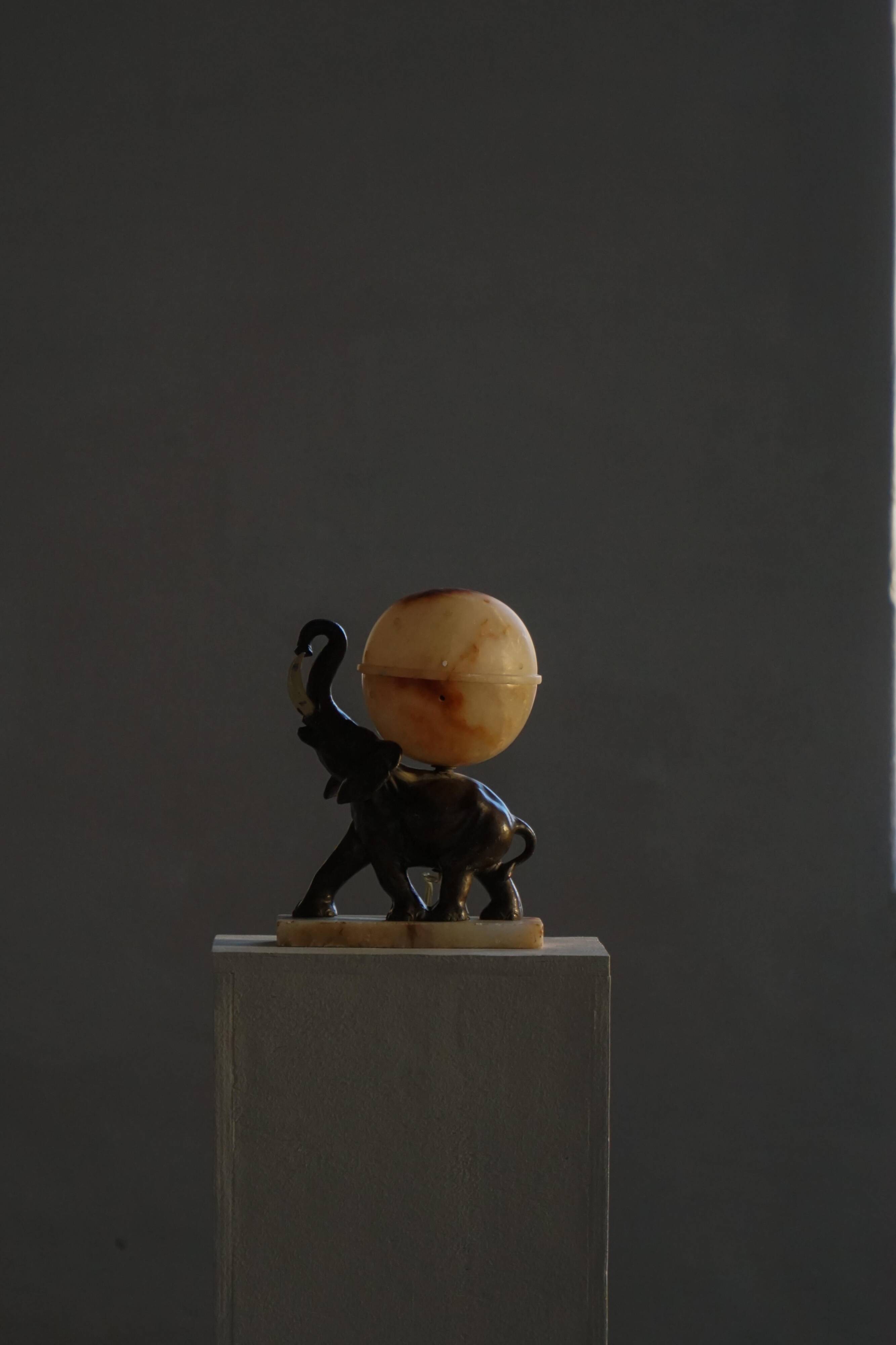 Art Deco Table Lamp, Elephant with Alabaster Globe, Early 20th Century, 1930s