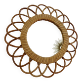 Miroir " fleur " en rotin années 70