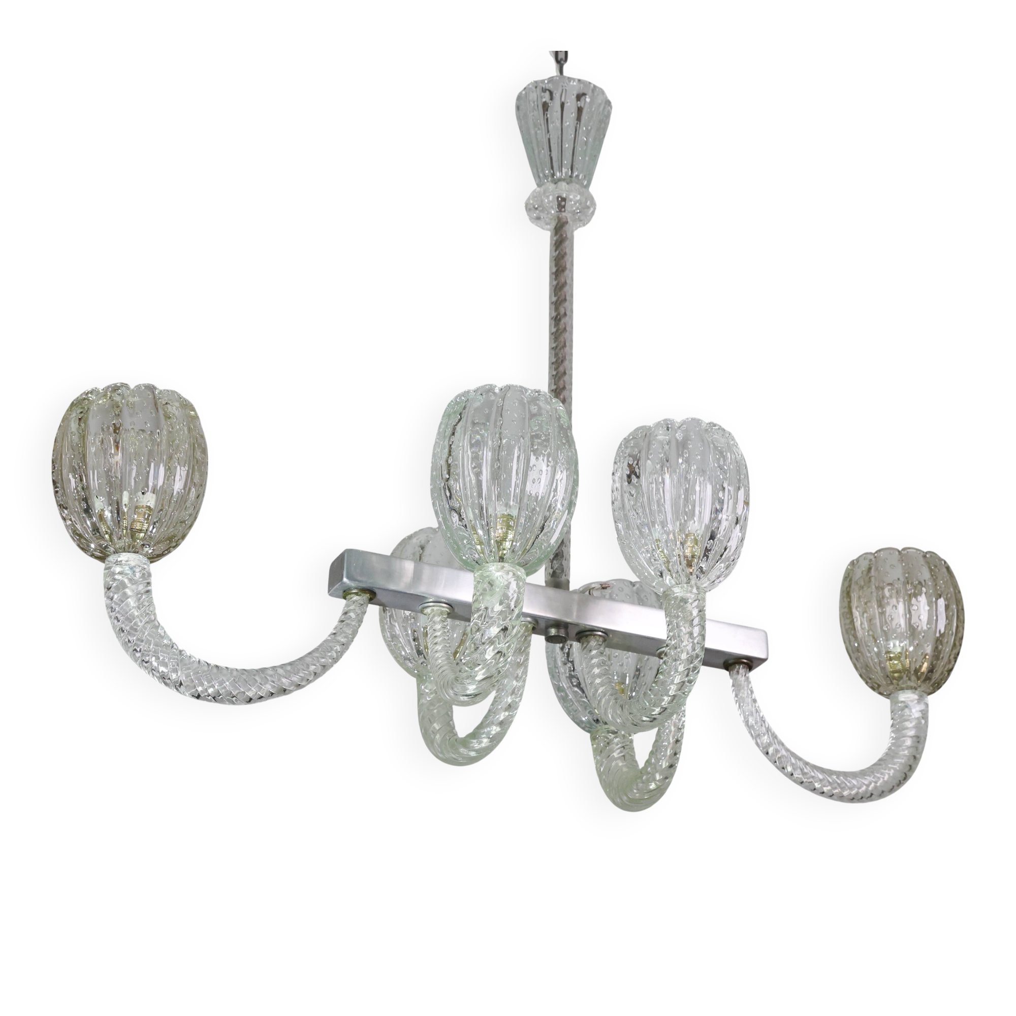 Amazing 6 Light BarovierArt Deco Chandelier, "Bullicante" Glass Murano, 194