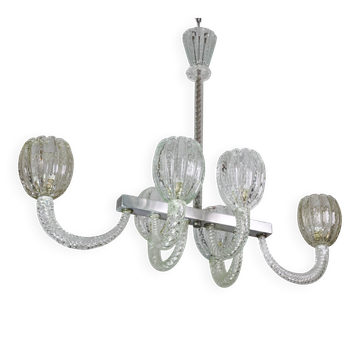 Incroyable lustre Barovier Art Déco à 6 lumières, verre Murano "Bullicante", 194