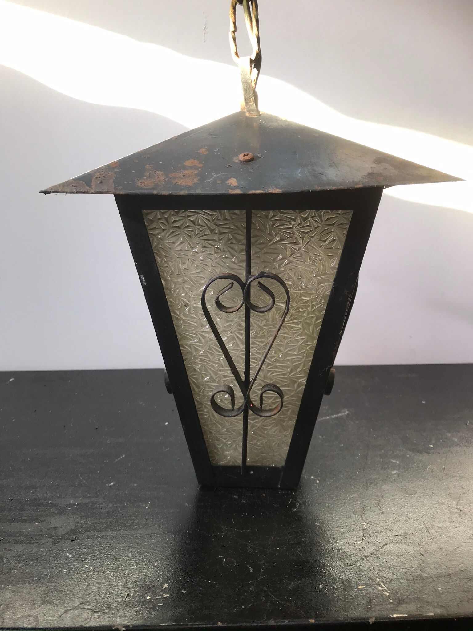 Suspension Old Lantern Metal Black - Vintage 70s Moulded Glass