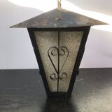 Suspension ancienne lanterne métal noir avec verre moulé années 70 vintage