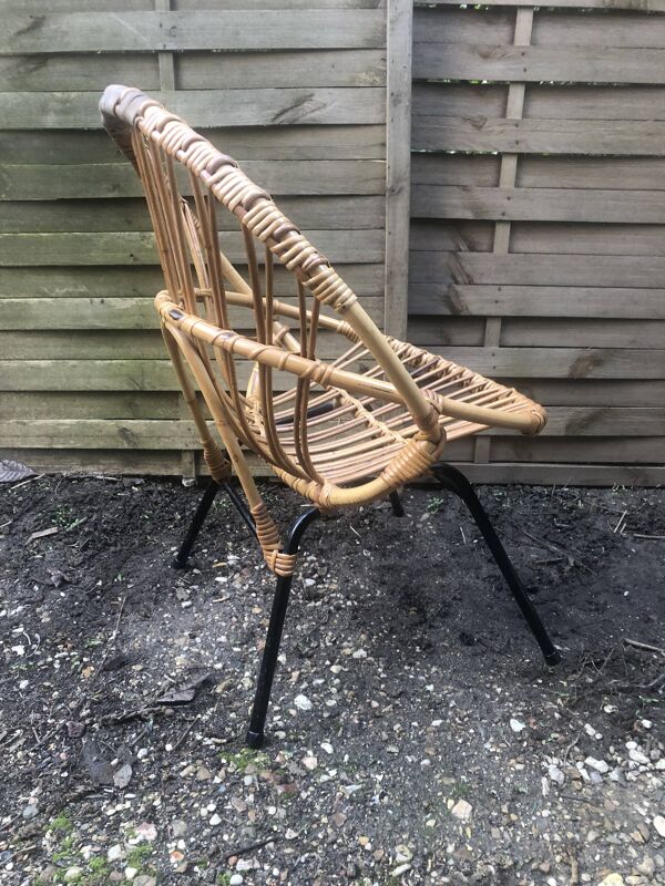 Fauteuil coquille bambou rotin vintage années 60