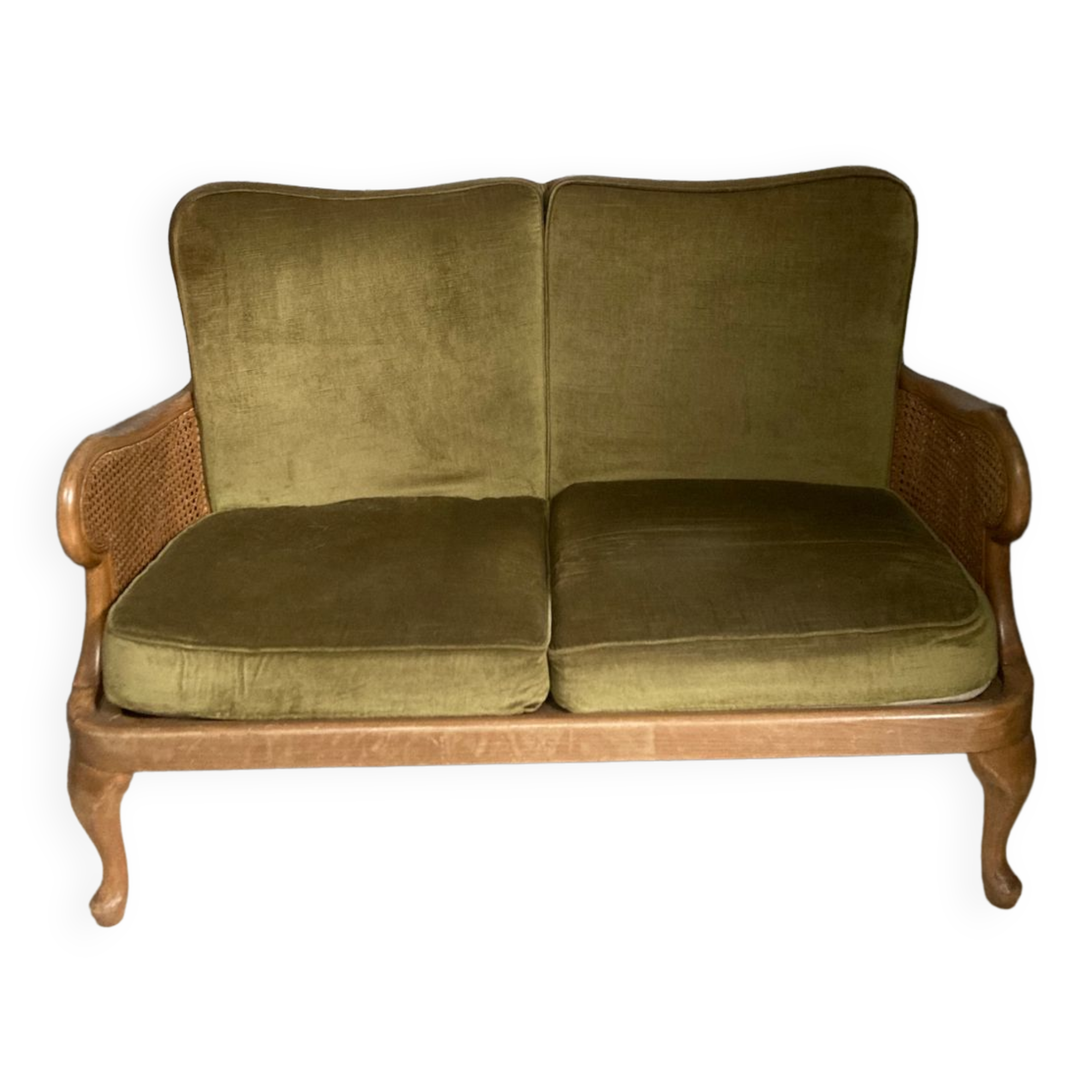 Cane and velvet fabric bench