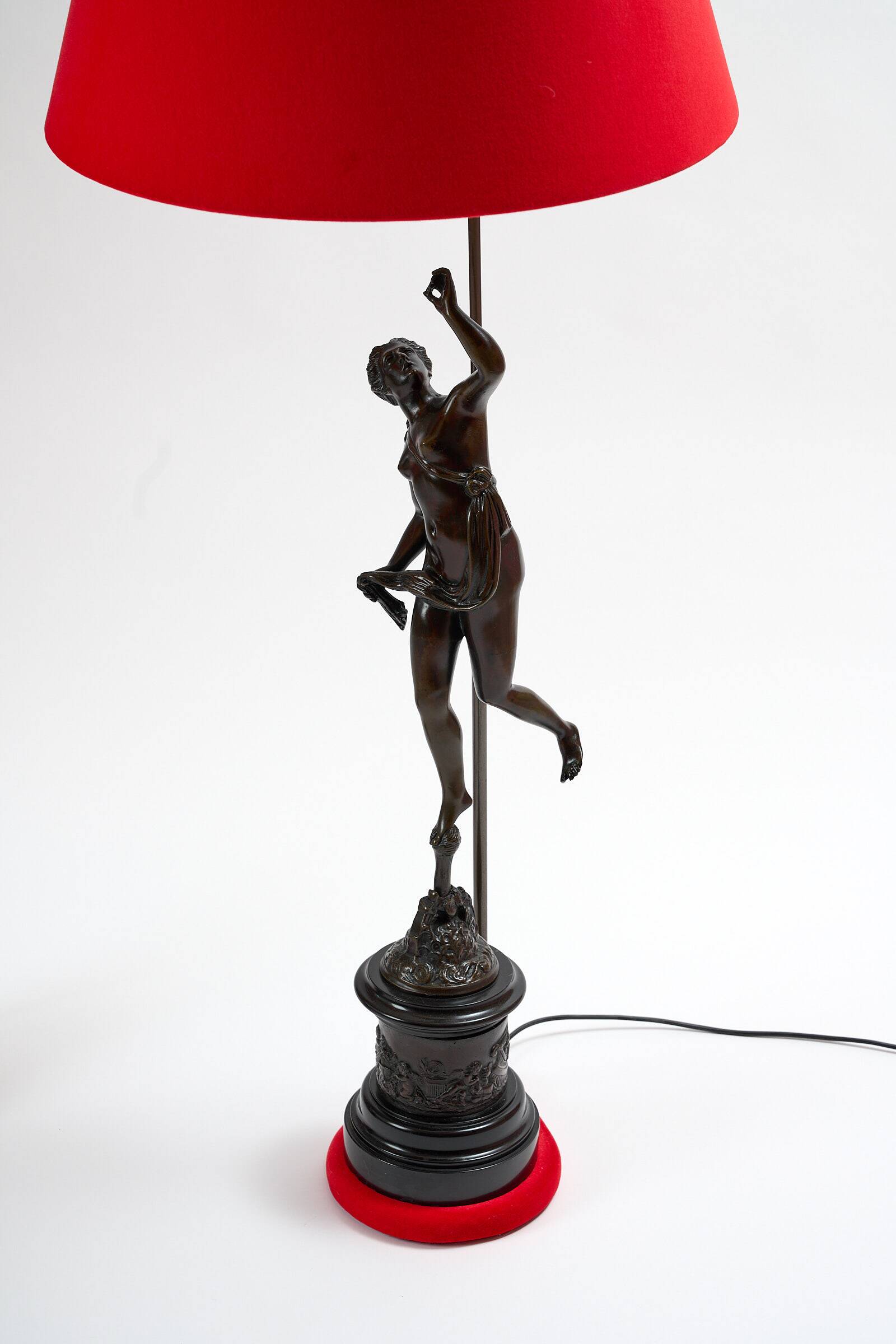 Pair of bronze lamps with red shades