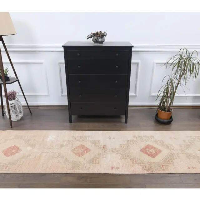 Vintage Turkish Hand-Knotted Beige Peach Runner Rug 89x330